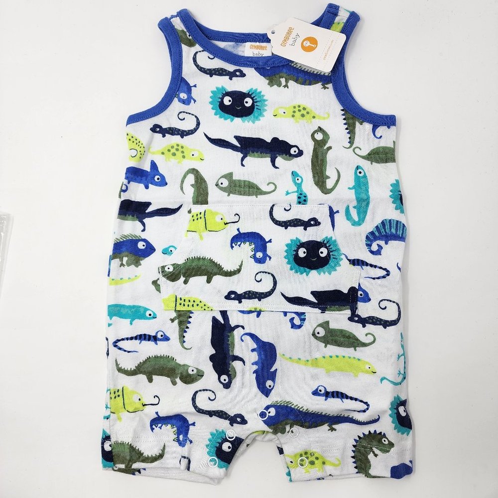 New Gymboree Baby 3-6 Months Lizards Bodysuit Romper Front Pocket White Cotton